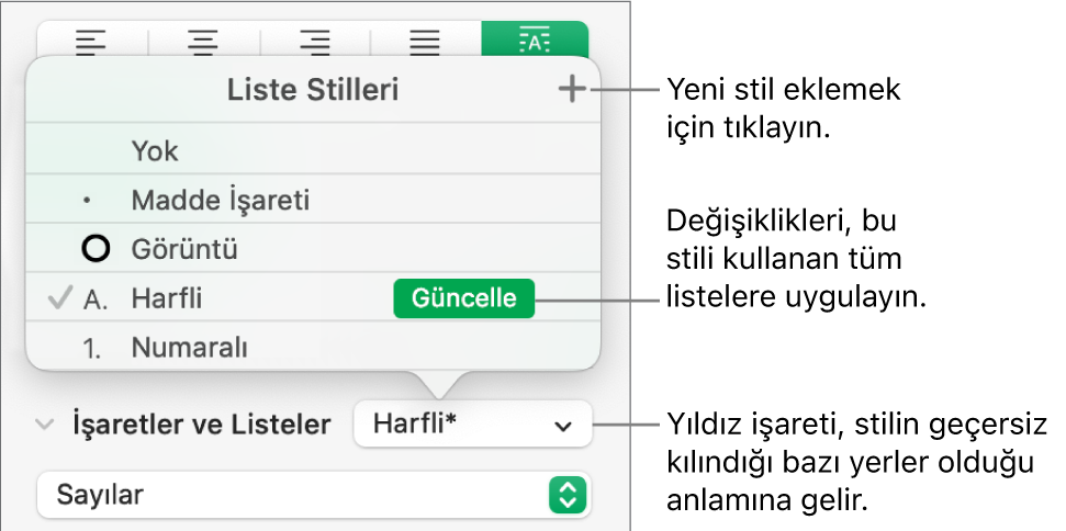 Bir geçersiz kılmayı gösteren bir yıldız işaretinin ve Yeni Stil düğmesi belirtimlerinin göründüğü Liste Stilleri açılır menüsü ve stilleri yönetme seçeneklerini içeren bir alt menü.