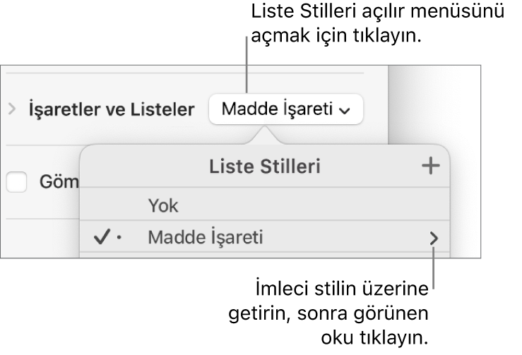 Tek stil seçili ve en sağında bir ok ile Liste Stilleri açılır menüsü.