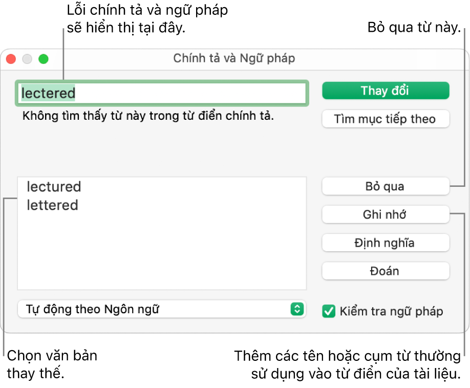 Cửa sổ Chính tả và ngữ pháp.
