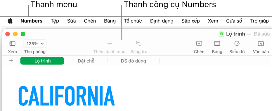 Thanh menu ở đầu màn hình với các menu Apple, Numbers, Tệp, Sửa, Chèn, Bảng, Tổ chức, Định dạng, Sắp xếp, Xem, Cửa sổ và Trợ giúp. Bên dưới thanh menu là một bảng tính Numbers được mở với các nút thanh công cụ ngang qua cạnh trên cho Xem, Thu phóng, Thêm danh mục, Bảng trụ, Chèn, Bảng, Biểu đồ và Văn bản.