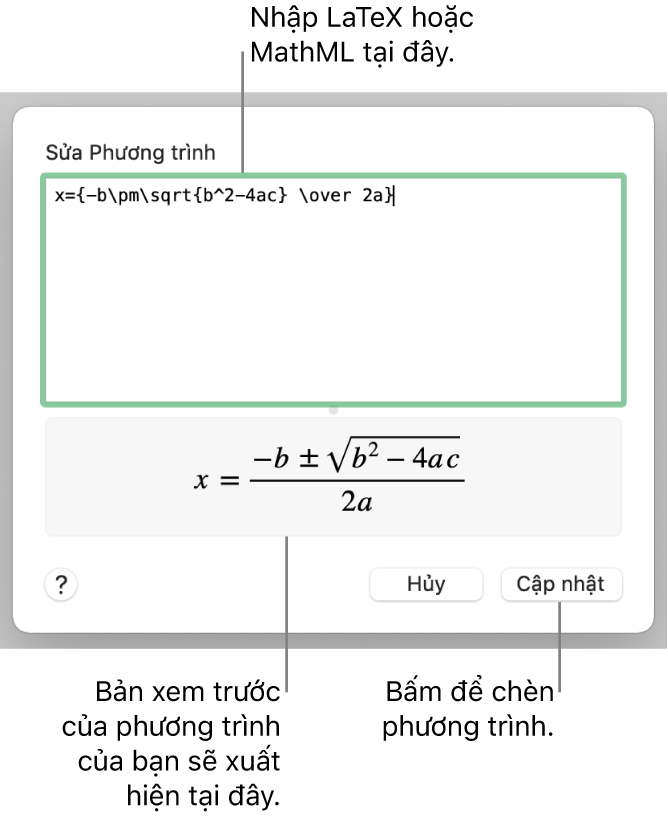 Hộp thoại Sửa phương trình, đang hiển thị công thức bậc hai được viết bằng LaTeX trong trường Sửa phương trình và bản xem trước của phương trình ở bên dưới.