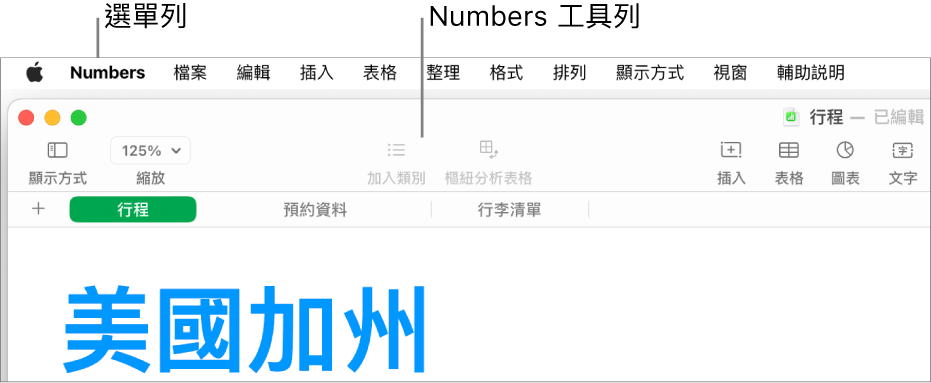 螢幕最上方的選單列，其中包括「蘋果」、Numbers、「檔案」、「編輯」、「插入」、「表格」、「整理」、「格式」、「排列」、「顯示方式」、「視窗」和「輔助説明」選單。選單列下方為開啟的 Numbers 試算表，最上方分別為「顯示方式」、「縮放」、「加入類別」、「樞紐分析表格」、「插入」、「表格」、「圖表」和「文字」工具列按鈕。