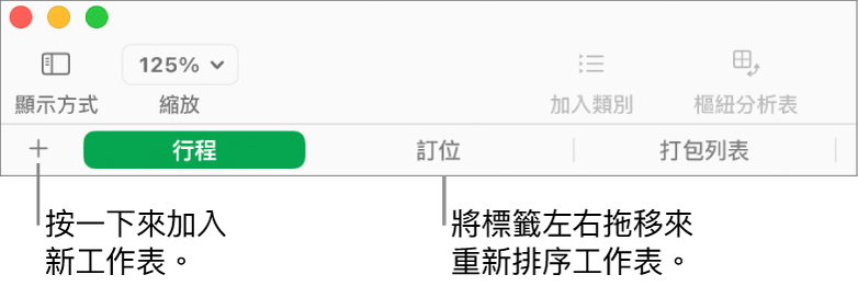 加入新工作表的標籤頁列和重新整理工作表。