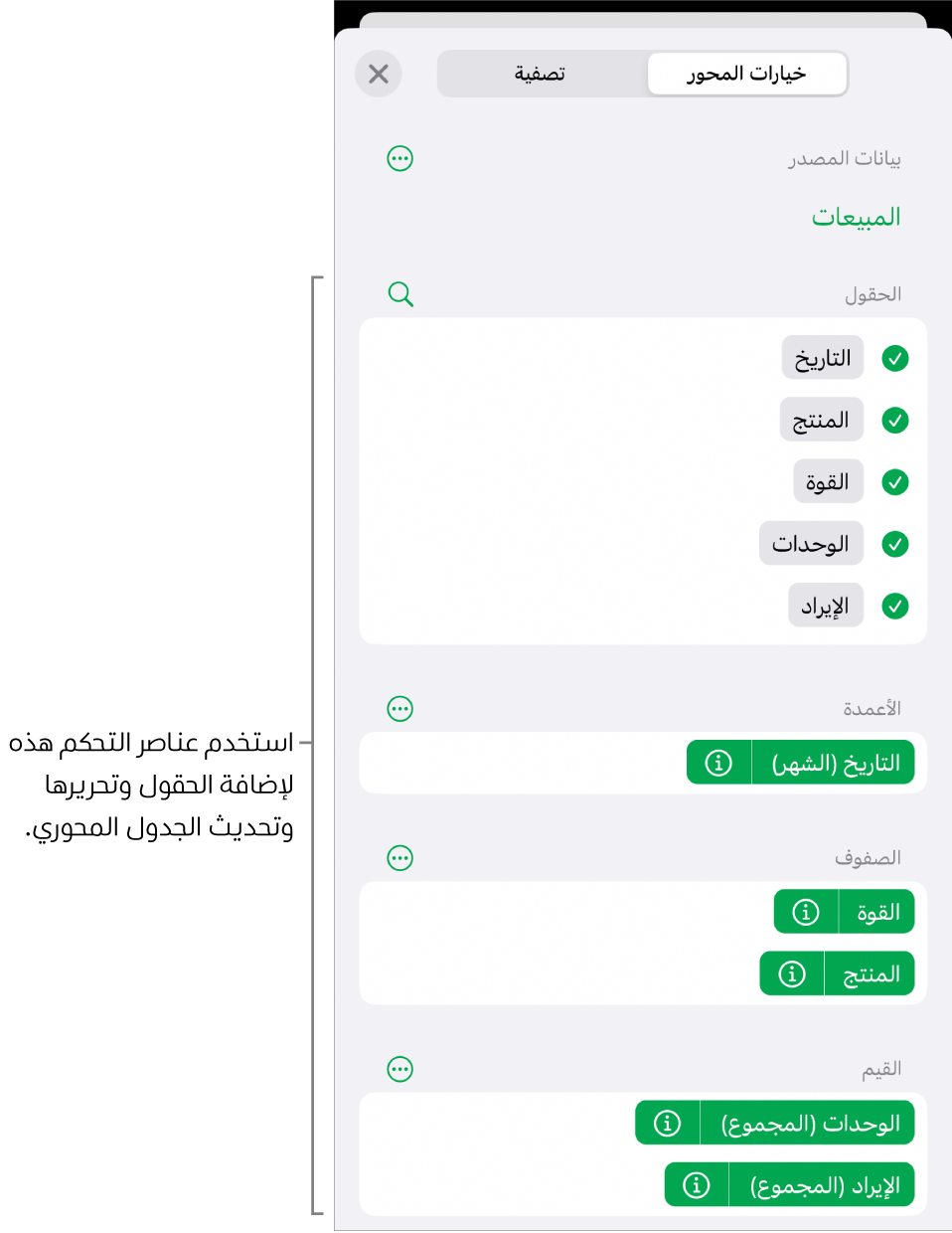 قائمة خيارات المحور تعرض الحقول في أقسام الأعمدة والصفوف والقيم، وكذلك عناصر تحكم لتعديل الحقول.