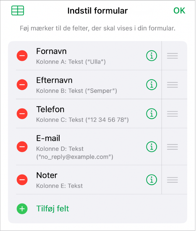 Betjeningsmulighederne til indstilling af formular, som viser muligheder for at tilføje, redigere, omarrangere og slette felter samt ændre felternes format (f.eks. fra Tekst til Procent).