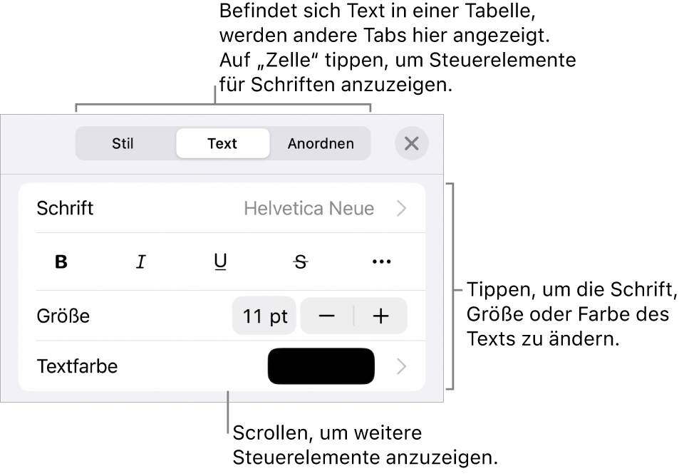 Textsteuerelemente im Menü „Format“ zum Festlegen von Absatz- und Zeichenstilen, Schrift, Größe und Farbe