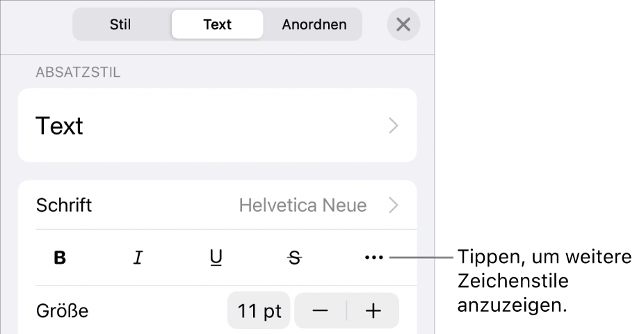 Die Steuerelemente für das Format mit Absatzstilen oben, dann die Steuerelemente für die Schrift. Unter „Schrift“ befinden sich die Tasten „Fett“, „Kursiv“, „Unterstrichen“, „Durchgestrichen“ und „Weitere Textoptionen“.