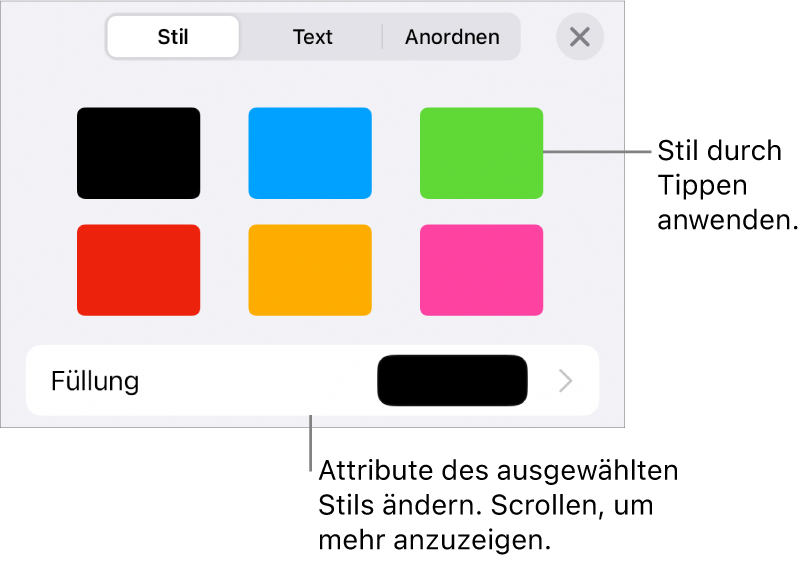 Der Tab „Stil“ des Menüs „Format“ mit Formstilen oben und ein Feld mit Füllfarben darunter