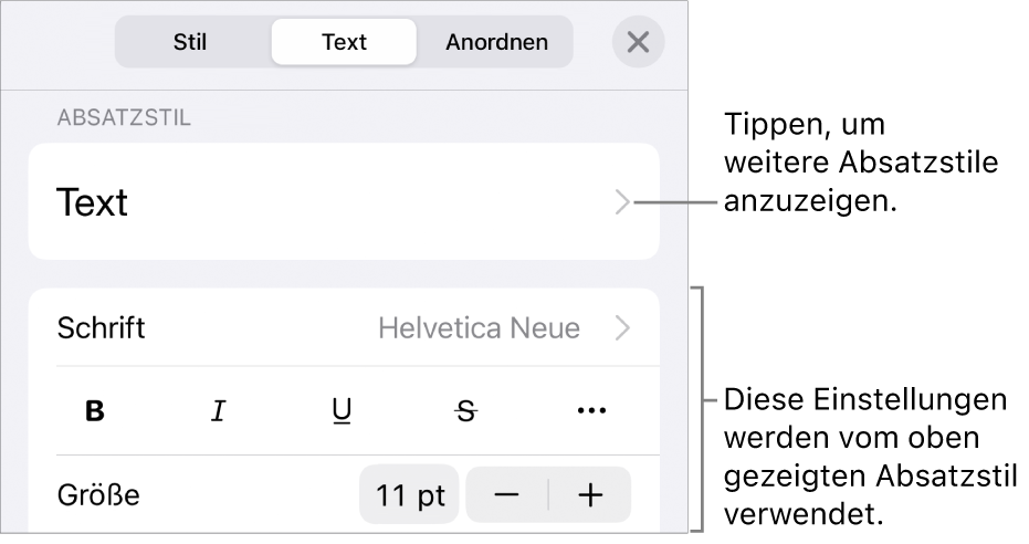 Das Menü „Format“ mit Textsteuerelementen zum Festlegen von Absatz- und Zeichenstilen, Schrift, Größe und Farbe