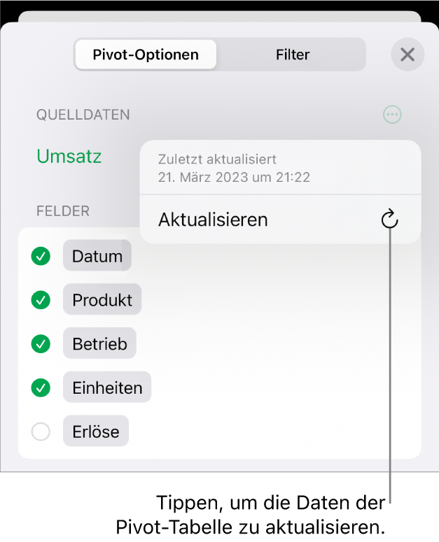 Das Menü „Pivot-Optionen“ mit der Option zum Aktualisieren der Pivot-Tabelle