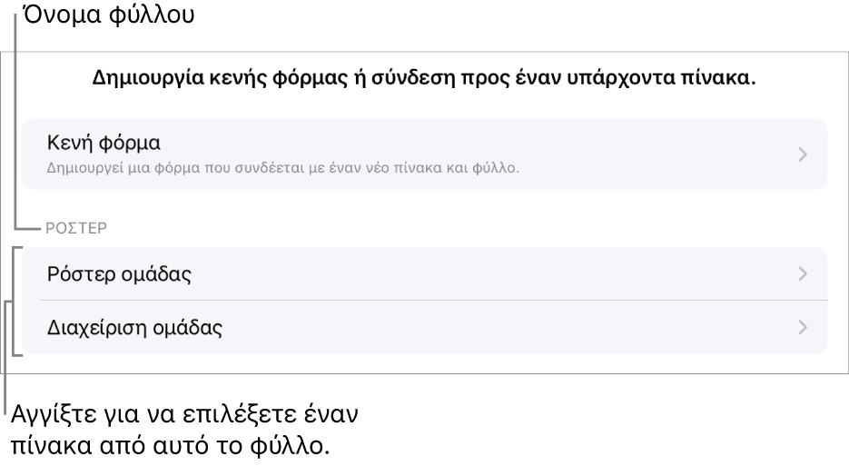 Μια λίστα πινάκων που βρίσκονται στο ίδιο υπολογιστικό φύλλο με την επιλογή δημιουργίας μιας κενής φόρμας στο πάνω μέρος.