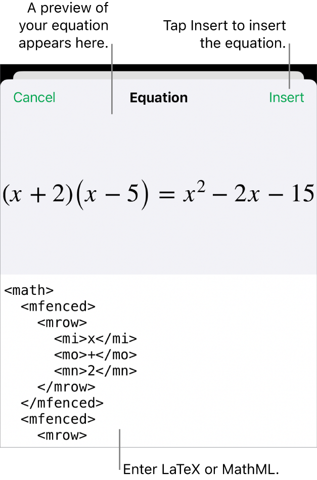 The Equation dialogue, showing an equation written using MathML commands and a preview of the formula above.