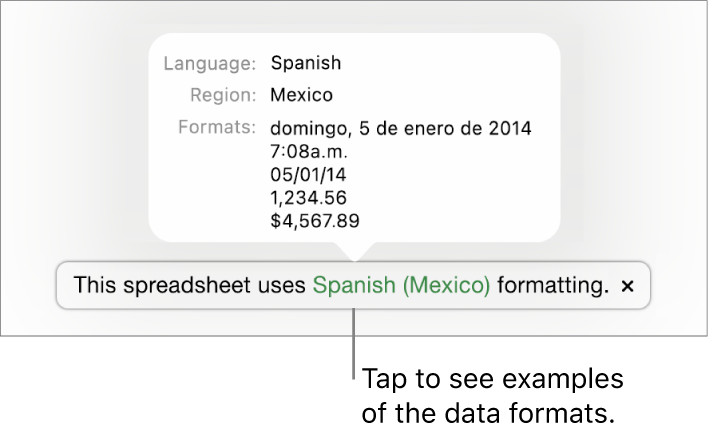 The notification of the different language and region setting, showing examples of the formatting in that language and region.