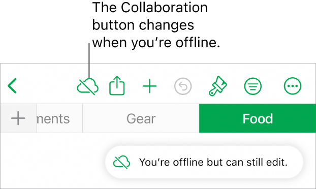 The buttons at the top of the screen, with the Collaboration button changed to a cloud with a diagonal line through it. An alert on the screen says “You’re offline but can still edit”.