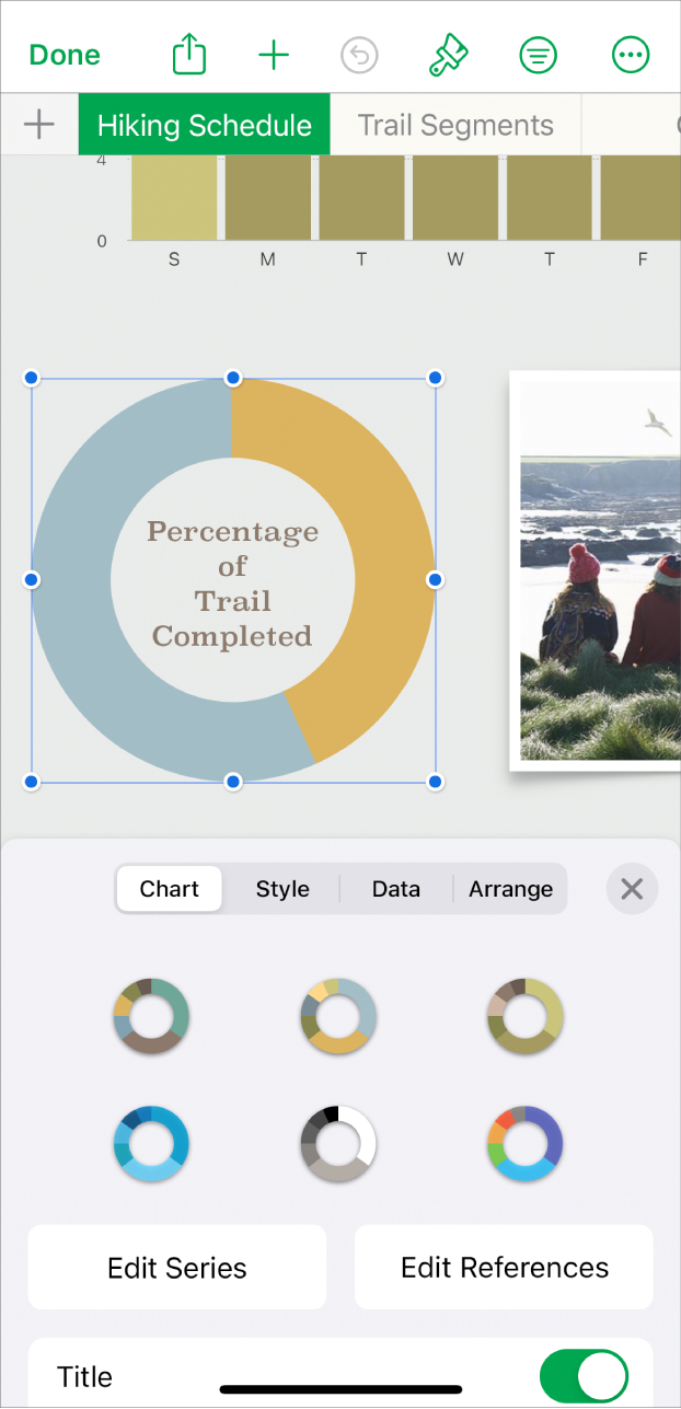 A pie chart showing percentages of trails completed. The Format menu is also open, showing different chart styles to choose from, as well as options to edit the series or chart references and turn the chart title on or off.