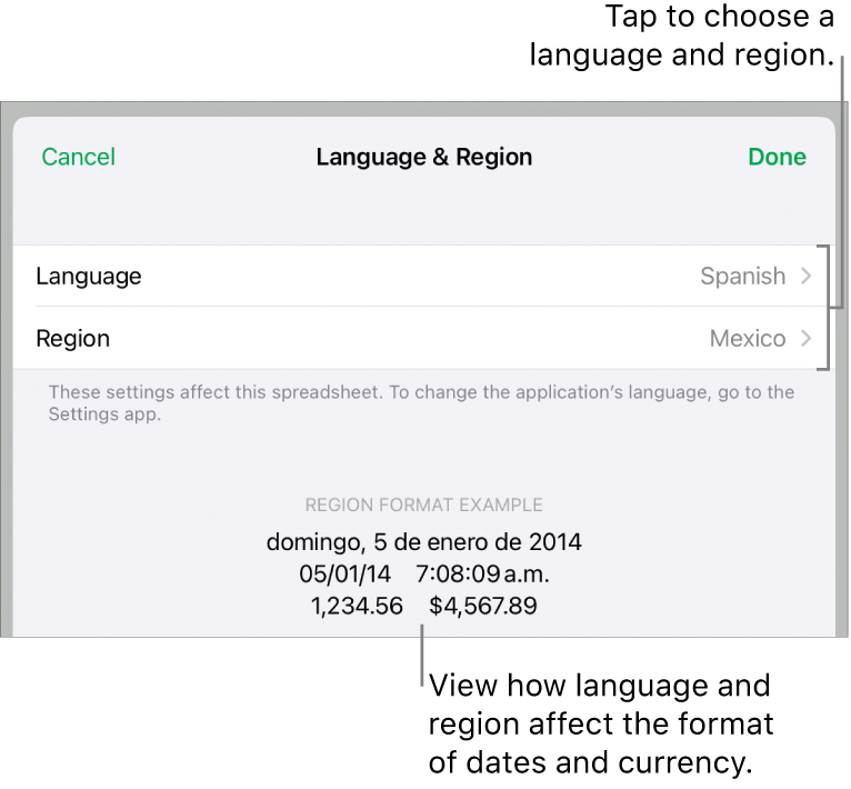 Language and Region pane with controls for language and region, and a format example including date, time, decimal, and currency.