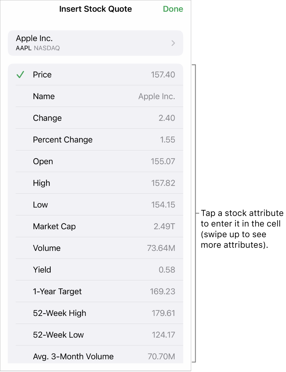 The stock quote popover, with the stock name at the top, and selectable stock attributes including price, name, change, percent change, and open listed below.