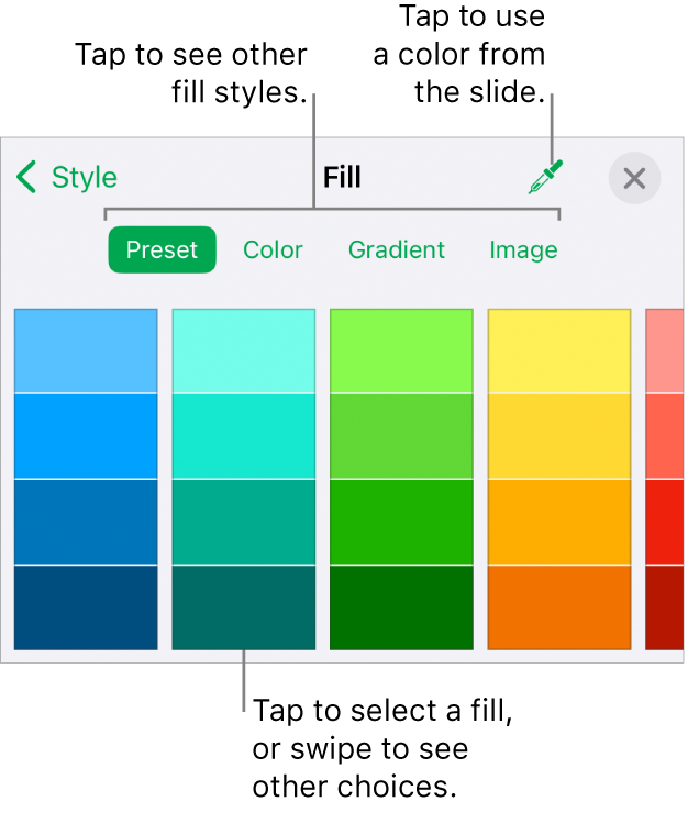 Fill options in the Style tab of the Format button.