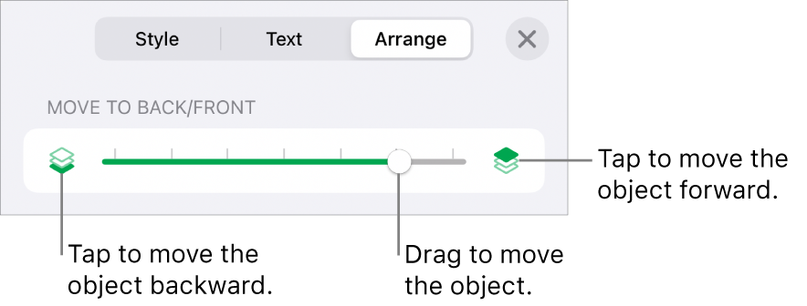 The Move Backward button, the Move Forward button, and the layering slider.