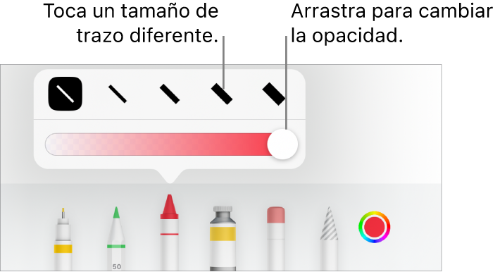 Controles para elegir el tamaño del trazo y selector para ajustar la opacidad.