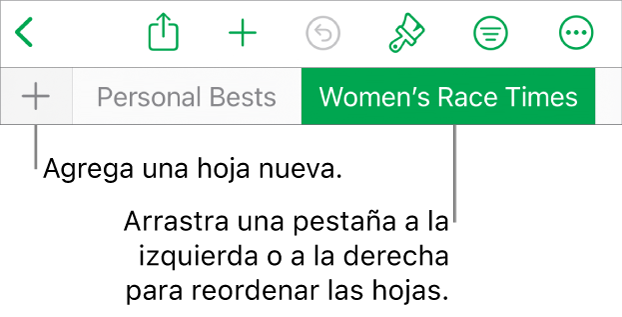 La barra de pestañas para agregar una nueva hoja, navegar, reordenar y reorganizar las hojas.