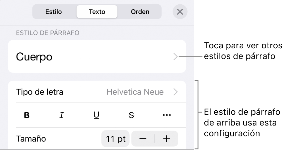 El menú Formato mostrando los controles de texto para configurar los estilos de párrafo y carácter, tipo de letra, tamaño y color.