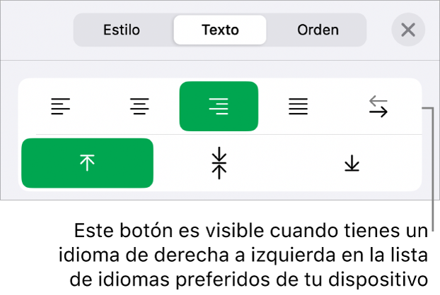 La sección Estilo del menú Formato con un mensaje en el botón De derecha a izquierda.