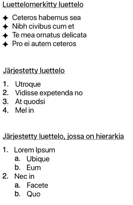 Esimerkkejä luettelomerkkejä käyttävistä, järjestetyistä ja hierarkkisista järjestetyistä luetteloista.