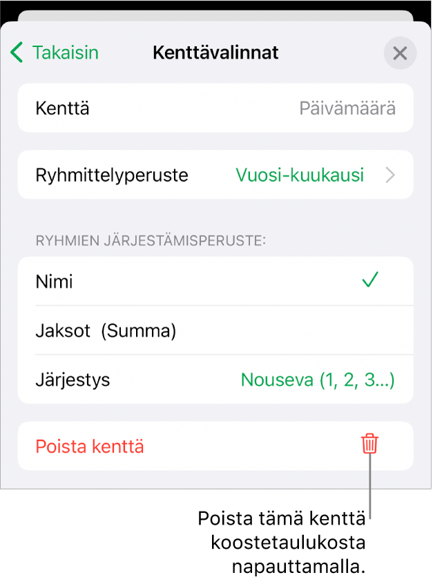 Kenttävalinnat-valikko, jossa näkyvät säätimet datan ryhmittelylle ja järjestämiselle sekä kentän poistamisen valinta.