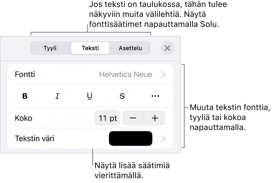 Muoto-valikon tekstisäätimet kappale- ja merkkityylien, fontin, koon ja värin valitsemista varten.