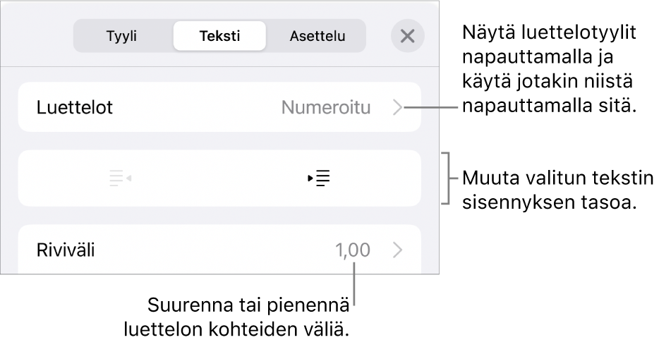 Muoto-säätimien Luettelot-osio, jossa on selitteet Luetteloihin, ulonnus- ja sisennyspainikkeisiin ja rivivälisäätimiin.