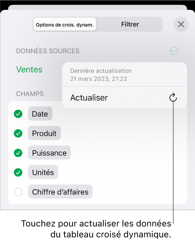 Le menu Options de croisement dynamique affichant l’option d’actualisation du tableau croisé dynamique.