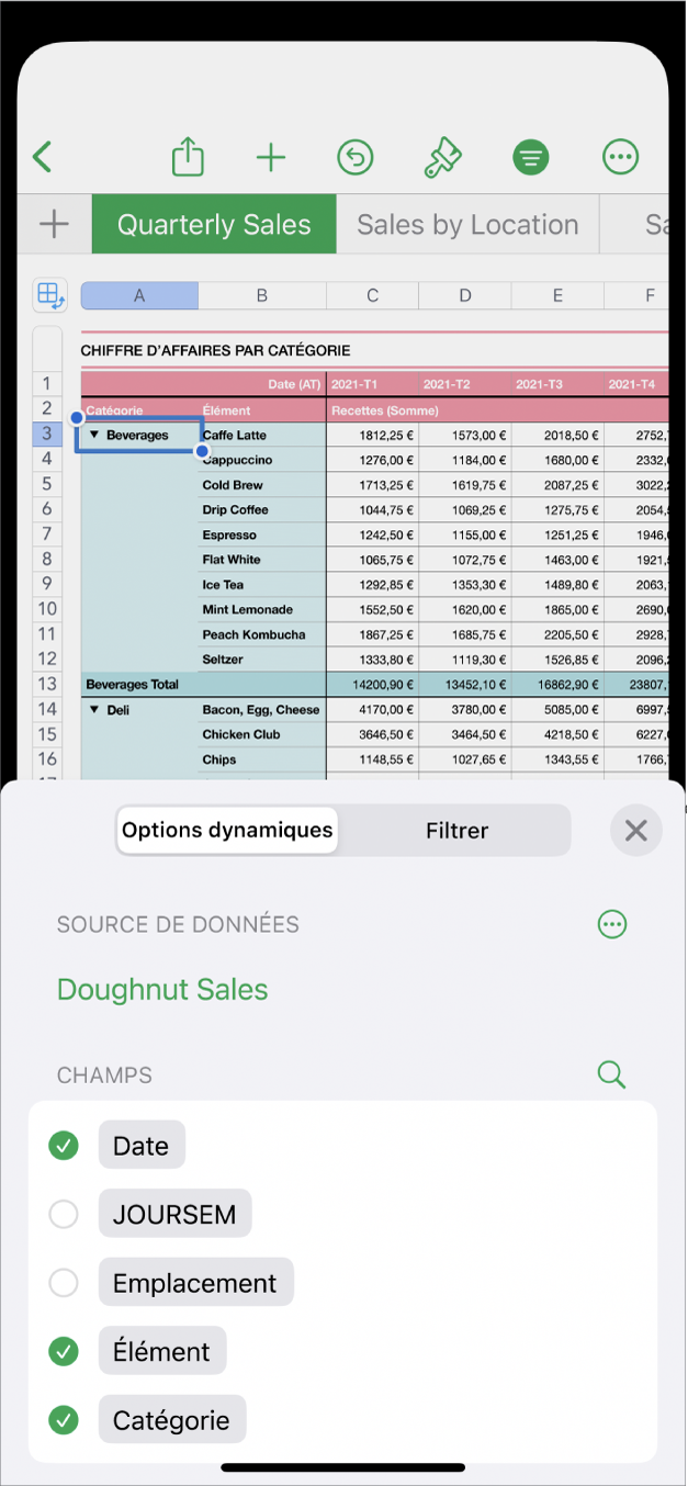 Une feuille de calcul avec les commandes d’Options dynamiques et de Filtrer en bas de l’écran.