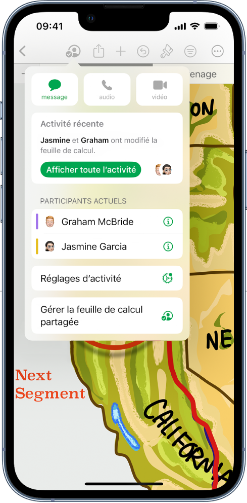 Le menu de collaboration affichant le nom des personnes qui collaborent sur la feuille de calcul.