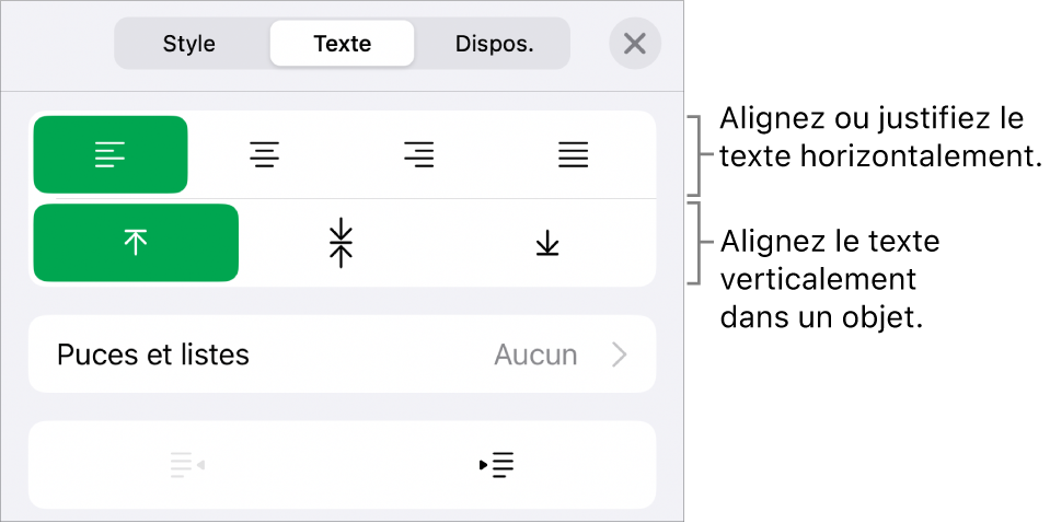 Section Disposition de l’inspecteur Format avec les légendes des boutons d’alignement et d’espacement de texte.