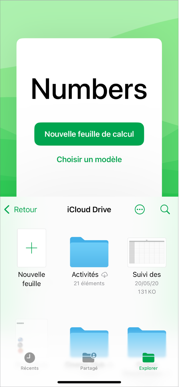 Le gestionnaire de documents de Numbers avec des boutons permettant de créer une feuille de calcul ou de choisir un modèle en haut de l’écran et des commandes pour ouvrir des feuilles de calcul enregistrées en bas.