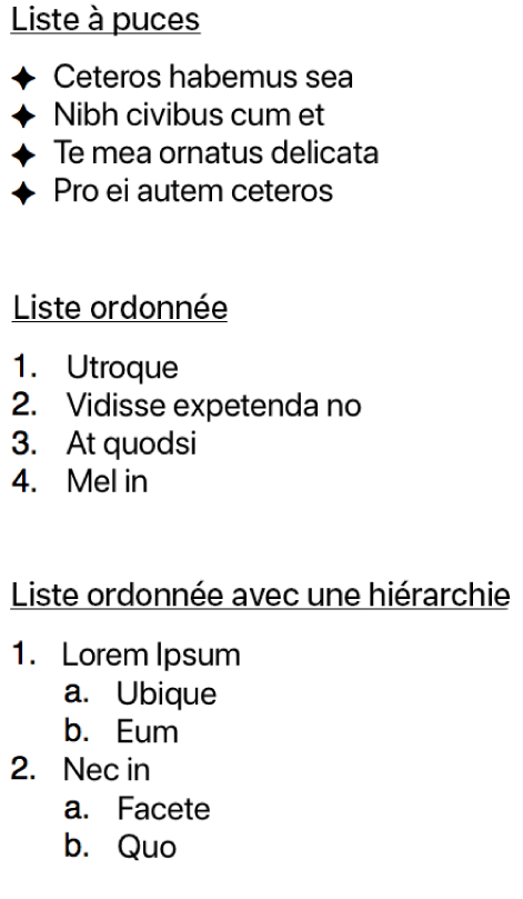 Exemples de listes à puces, ordonnées et ordonnées avec listes hiérarchiques.