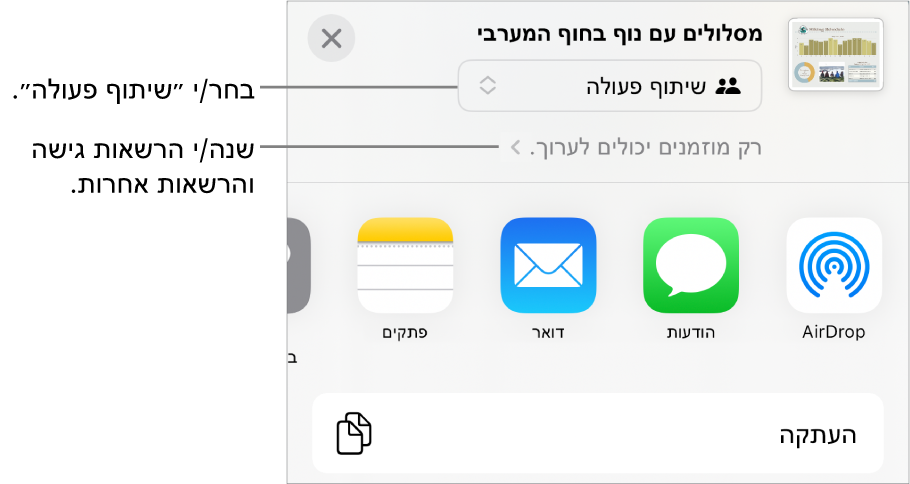 תפריט השיתוף כאשר האפשרות ״שיתוף פעולה״ נבחרת בחלק העליון ומתחתיה הגדרות הגישה וההרשאות.