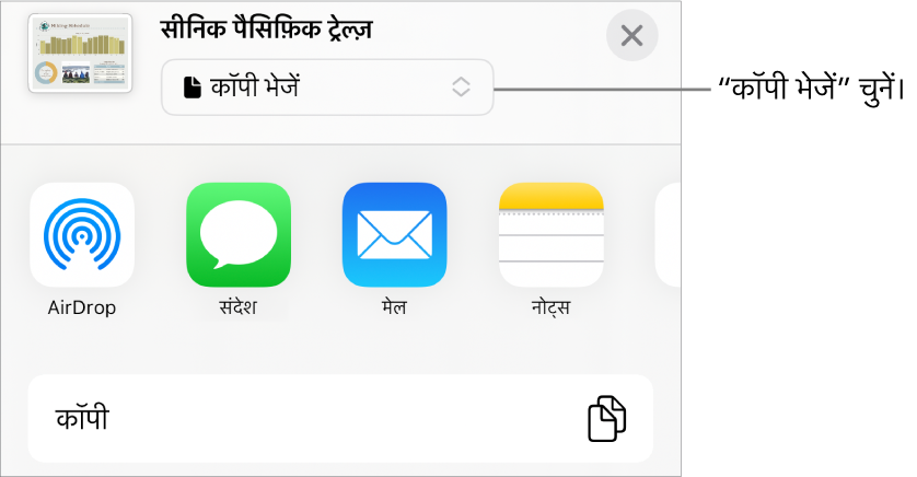“शेयर करें” मेनू जिसके शीर्ष पर “कॉपी भेजें” चुना गया है।
