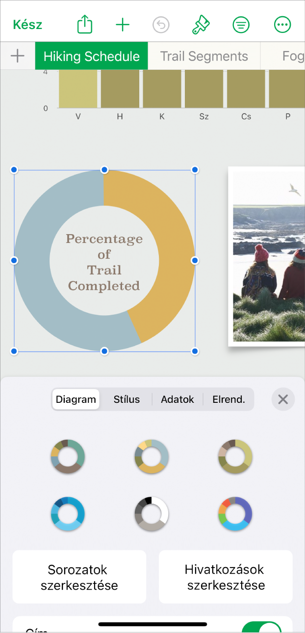 Kördiagram, amelyben a megtett túrákhoz kapcsolódó százalékértékek láthatók. A Formátum menü is meg van nyitva, ebben a különböző választható diagramstílusok, a sorozatok és diagramhivatkozások szerkesztése, illetve a diagramcím be- vagy kikapcsolása lehetőségek láthatók.