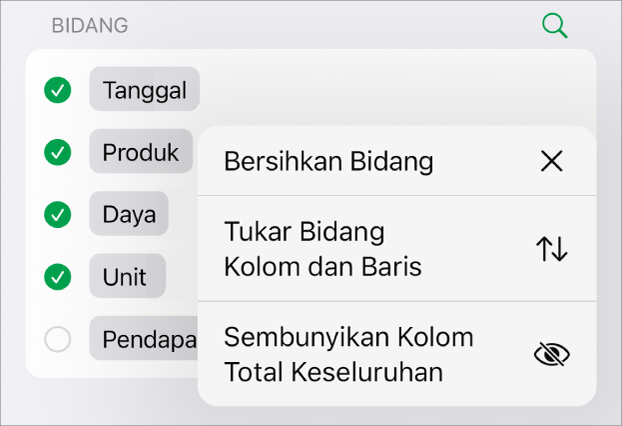 Menu Pilihan Bidang Lainnya, menampilkan kontrol untuk menyembunyikan total keseluruhan, menukar bidang kolom dan baris, dan membersihkan bidang.