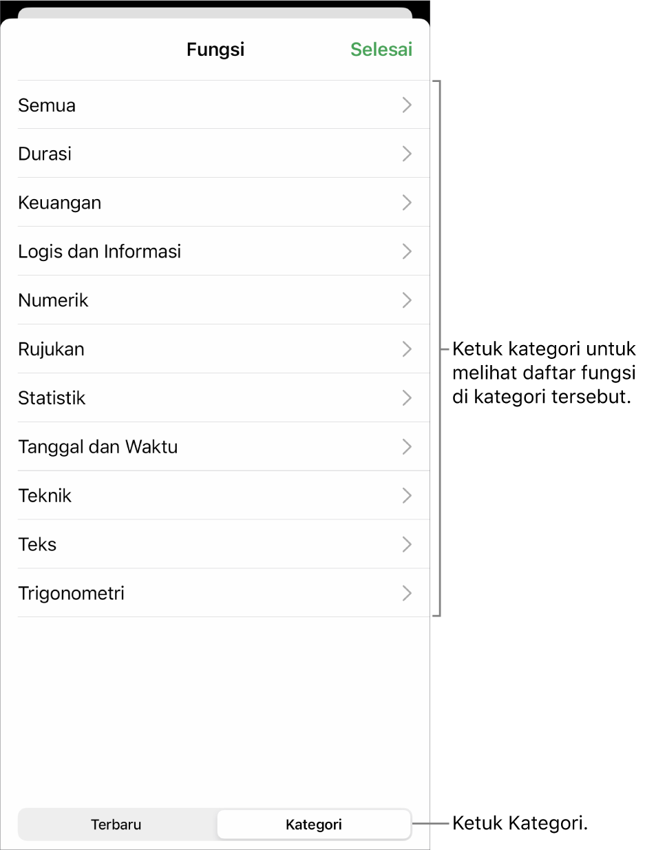 Browser Fungsi dengan keterangan untuk tombol Kategori dan daftar kategori.