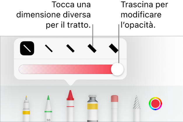 Controlli per scegliere una dimensione tratto e cursore per regolare l’opacità.