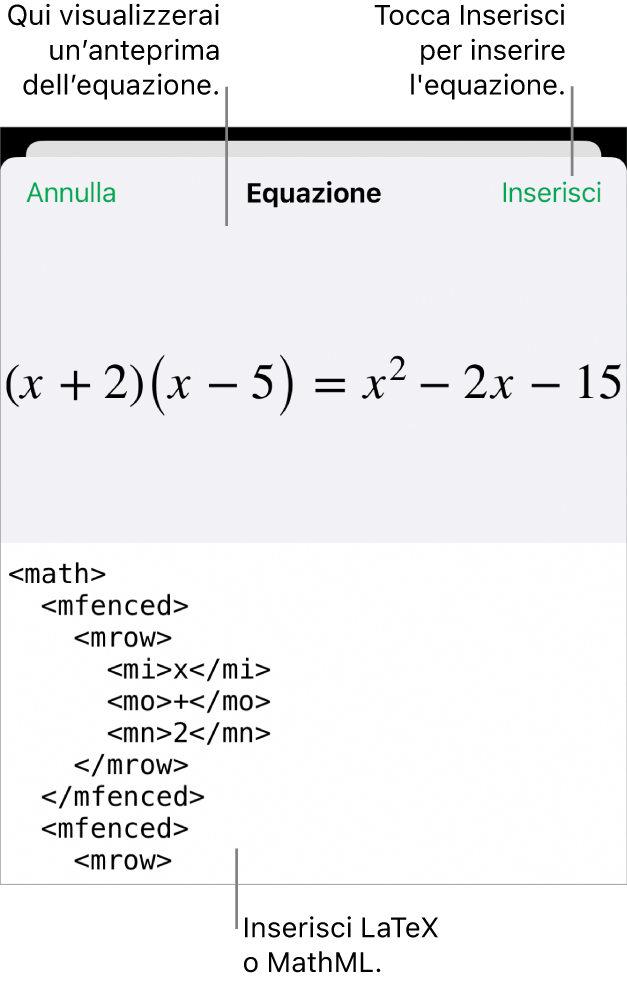 La finestra di dialogo Equazione che mostra l’equazione scritta tramite comandi MathML e un’anteprima della formula di cui sopra.