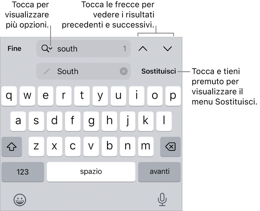 I controlli di “Trova e sostituisci” sopra alla tastiera con le didascalie delle opzioni di Ricerca, Sostituisci e i pulsanti “Freccia su” e “Freccia giù”.