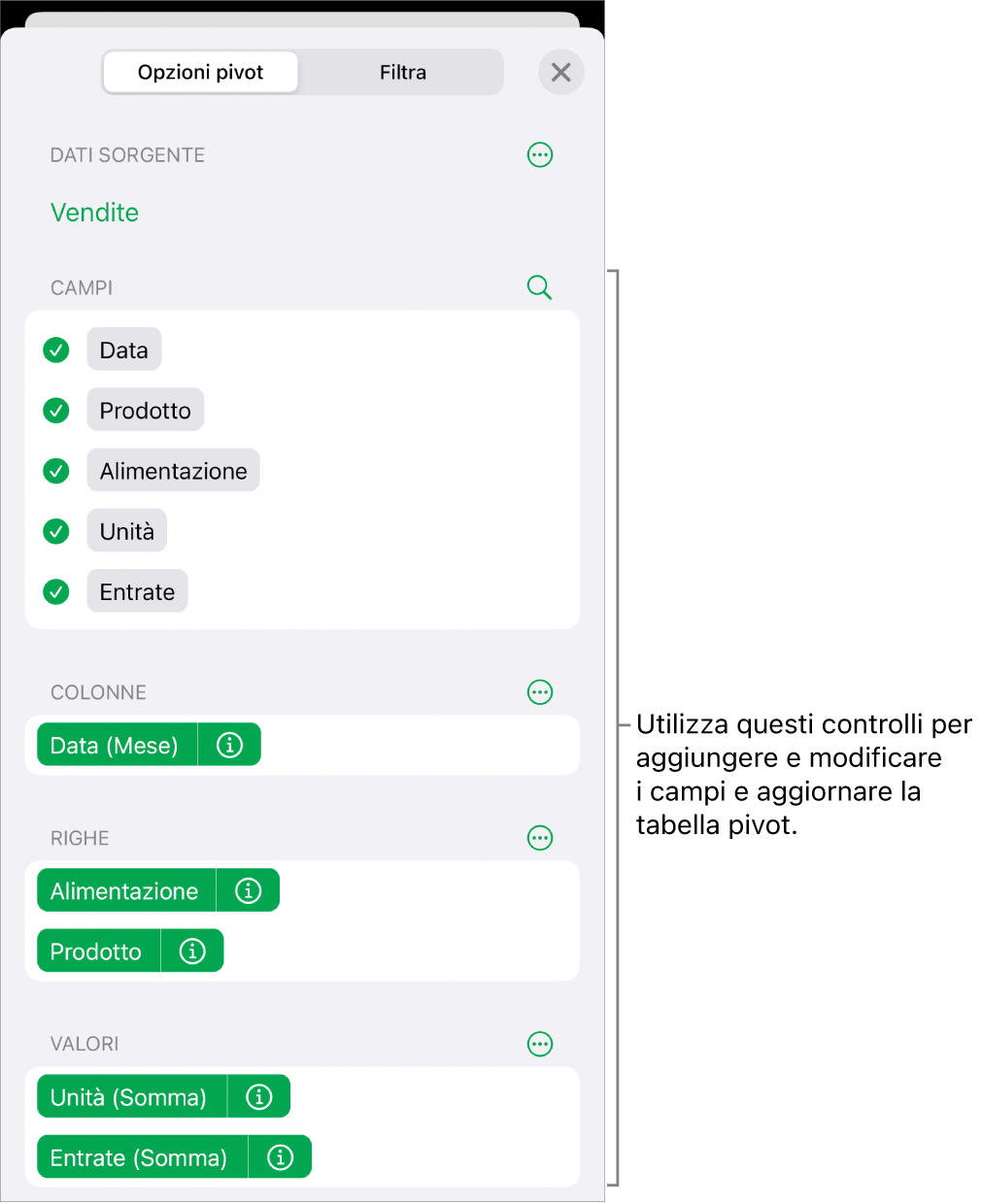 Il menu “Opzioni pivot” che mostra campi nelle sezioni Colonne, Righe e Valori, nonché i controlli per modificare i campi.