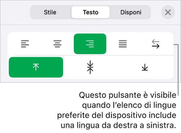 Sezione Stile del pulsante Formato con una didascalia per il pulsante “Da destra a sinistra”.