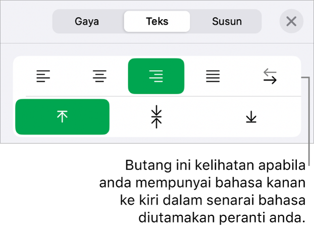 Bahagian Gaya pada menu Format dengan petak bual ke butang Kanan ke Kiri.