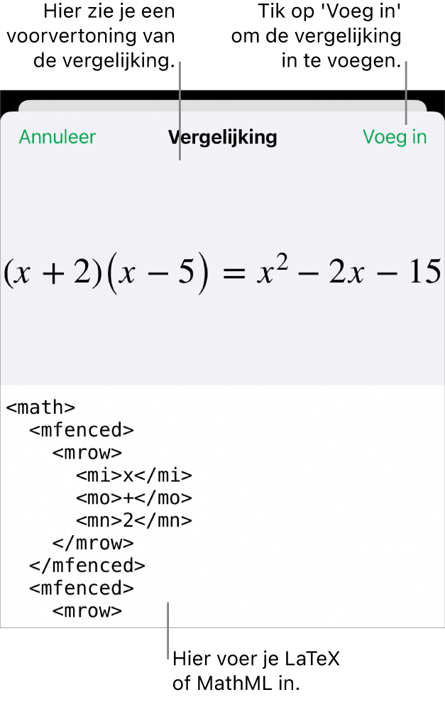 Het venster 'Vergelijking' met daarin een vergelijking die geschreven is met MathML-commando's en erboven een voorvertoning van de formule.