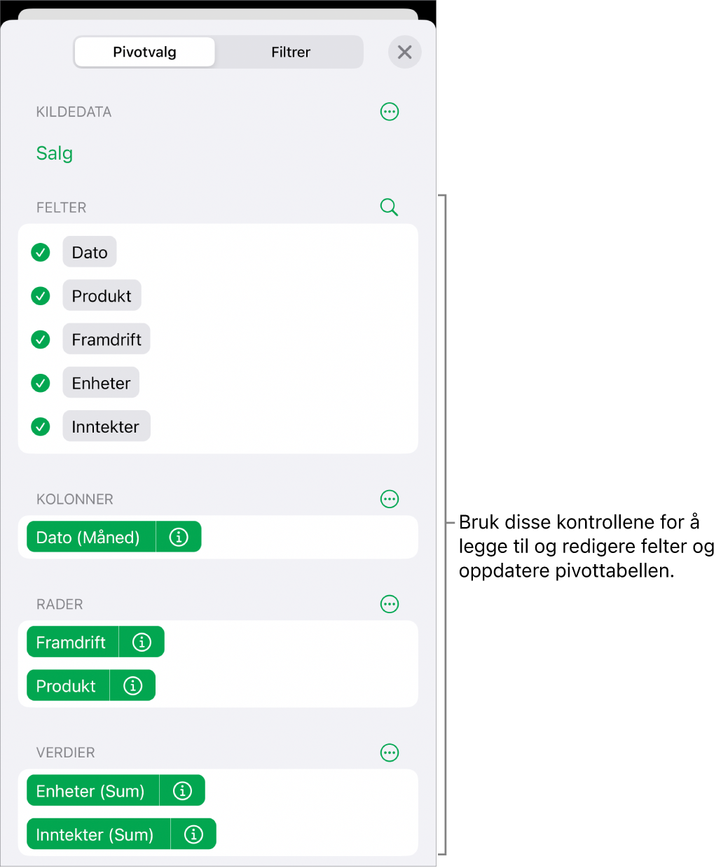 Menyen Pivotvalg med felt i inndelingene Kolonner, Rader og Verdier, samt kontroller for å redigere feltene.